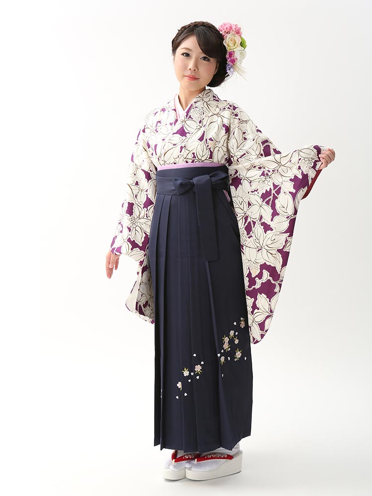 【高級卒業式袴レンタル】2-82 卒業式の袴レンタル・正絹二尺袖着物「紫・白　花」 サイズ 花
