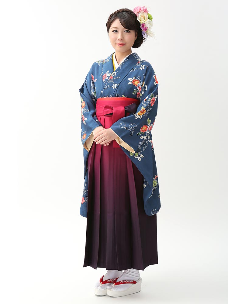 【高級卒業式袴レンタル】2-85 卒業式の袴レンタル・正絹二尺袖着物「紺　紅型」 サイズ 紅型