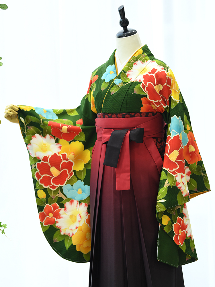 【高級卒業式袴レンタル】2p-50 卒業式の袴レンタル　「深いグリーン・花」　spiral girl