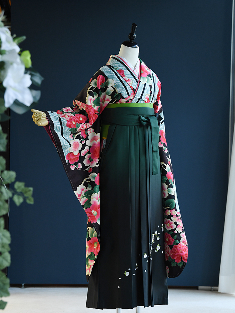 【高級卒業式袴レンタル】904ｆ 卒業式の袴レンタル　「水色・矢絣・花尽くし」　振袖+袴　