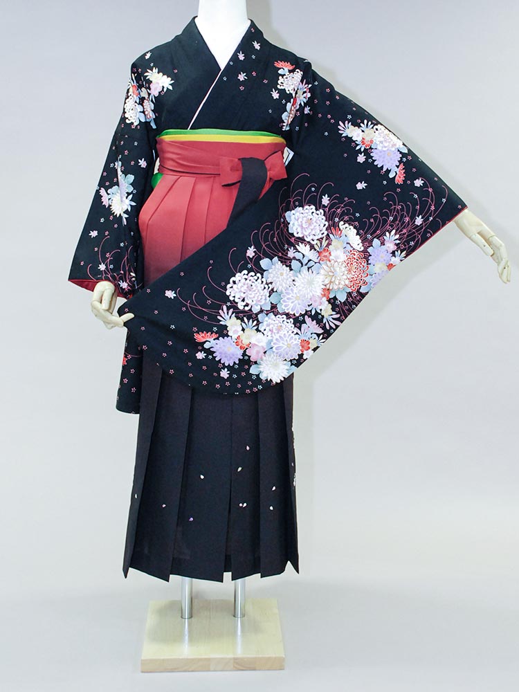 【高級卒業式袴レンタル】an-001 黒地　糸菊と花々 サイズ 菊