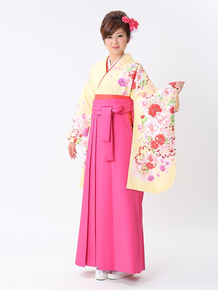 【高級卒業式袴レンタル】p-26-20 淡い黄色　桜と洋花 サイズ 桜・洋花