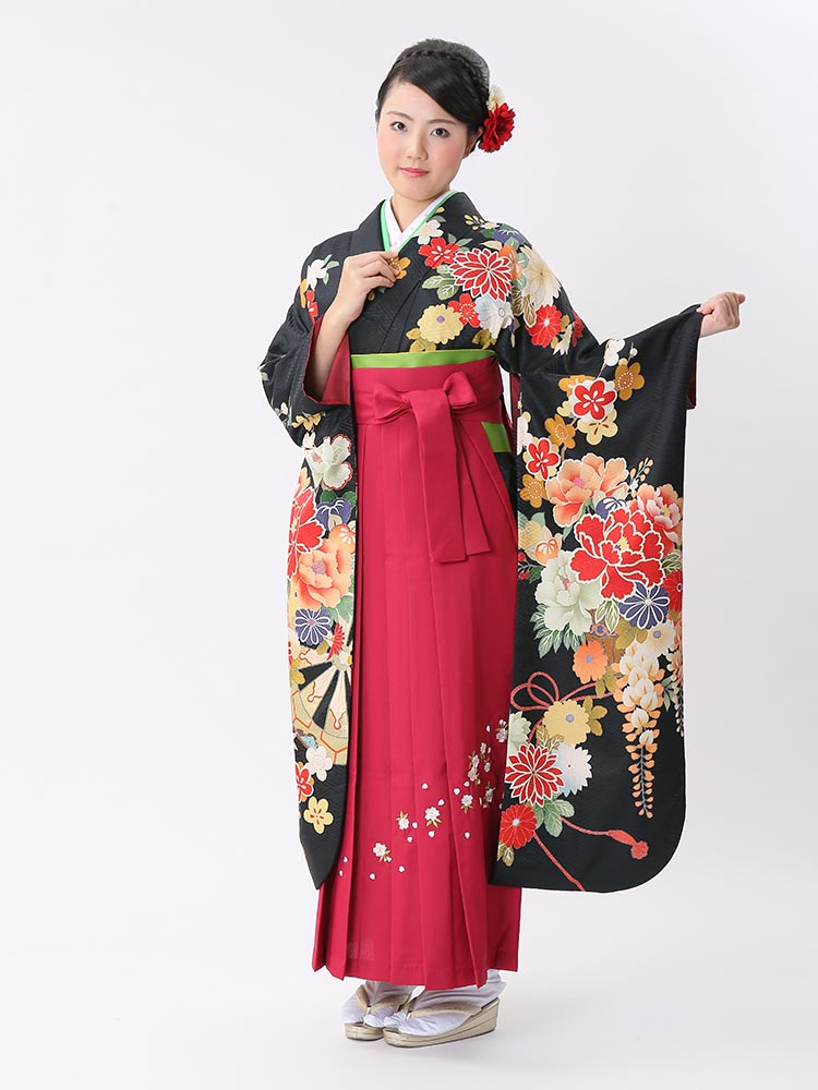 【高級卒業式袴レンタル】ws-11 黒地　牡丹、藤、花々 サイズ 牡丹・藤・花々