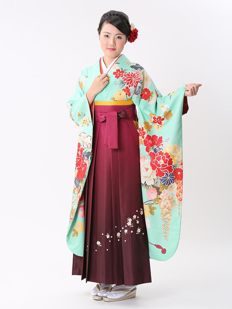 【高級卒業式袴レンタル】ws-13 水瓶色　牡丹、藤、花々 サイズ 牡丹・藤・花々
