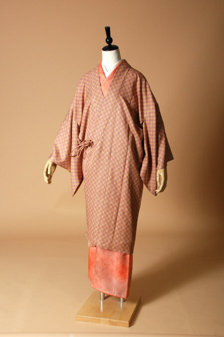 【高級着物コートレンタル】coat23-6 市松柄　オレンジ MLサイズ 市松