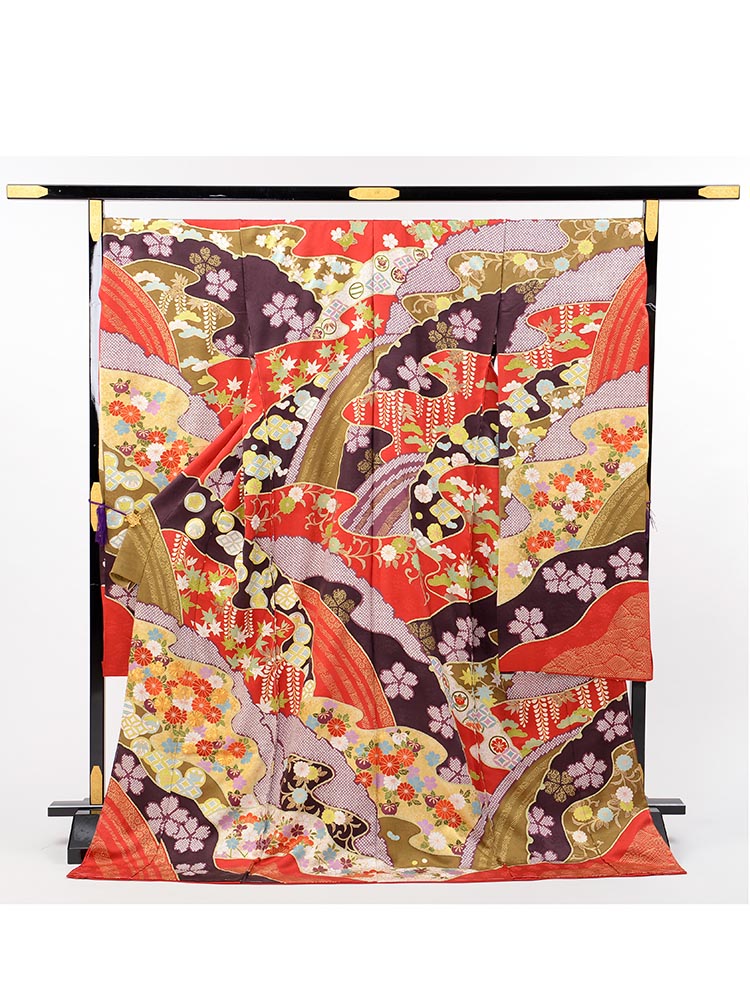 【最高級振袖オーダーレンタル・販売】a-18 四季の花・古典柄 サイズ 十日町友禅の高級振袖・購入・オーダーレンタル用【豪華・朱色　四季花古典柄】