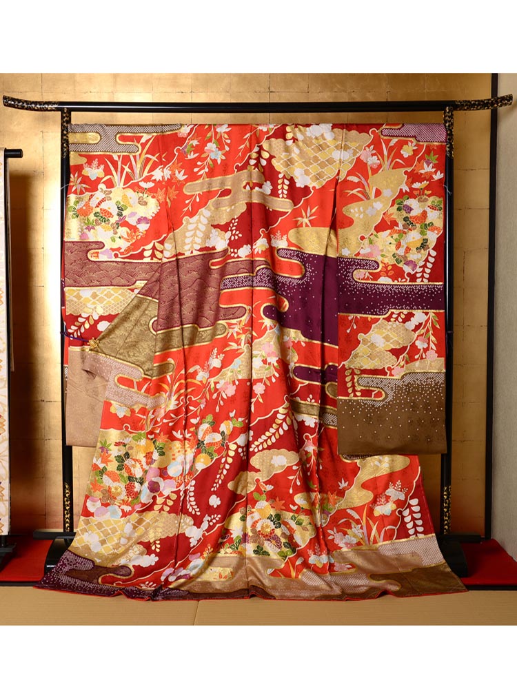 【150cm-155cmの方向け 高級振袖レンタル】雪輪・霞柄 Mサイズ 赤、朱色・メーカー「青柳」・品番A-9 