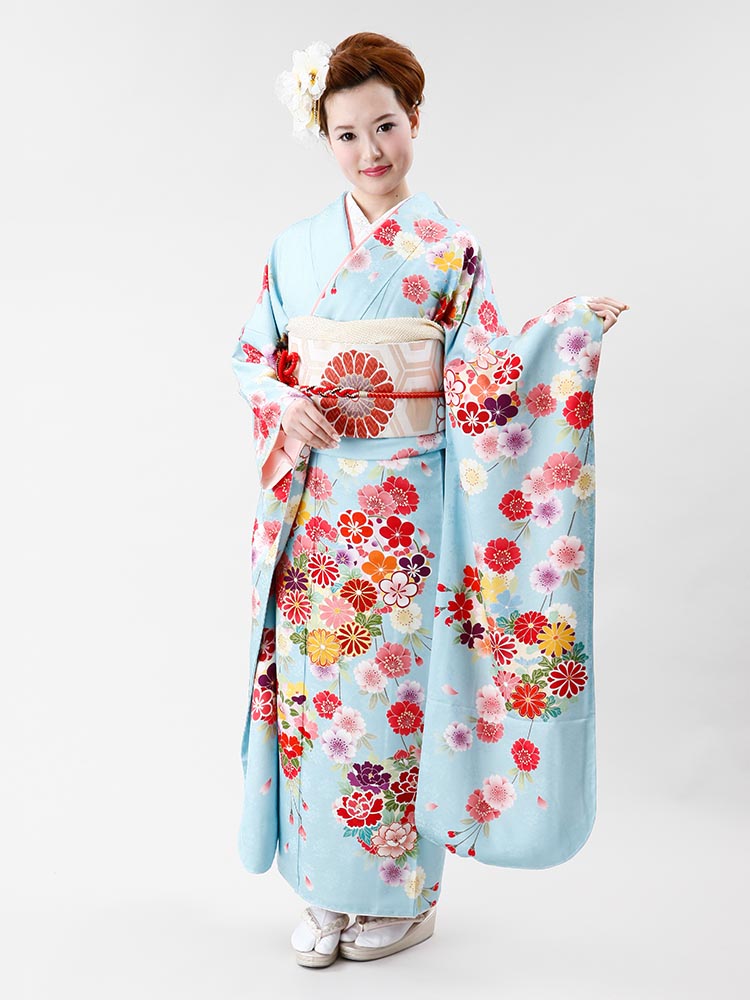 【高級振袖レンタル】有名女優さん着用　f-62 花丸紋・桜 MLサイズ 水色 
