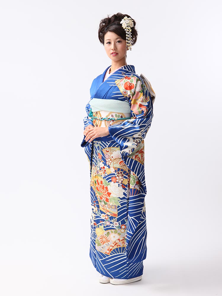 最高級振袖レンタル・菱健謹製】K-34 白波・扇 LLサイズ 青｜KIMONO