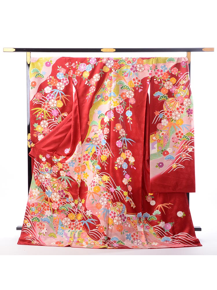 【最高級振袖オーダーレンタル・販売】order-25-33 花々と手毬柄 サイズ 可愛らしい赤色の京友禅振袖・購入・オーダーレンタル用