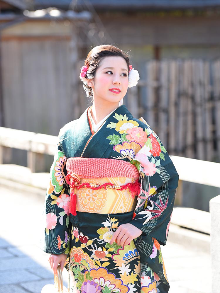 【最高級の京友禅振袖レンタル】花 MLサイズ 濃緑・品番ＳＫ-11 