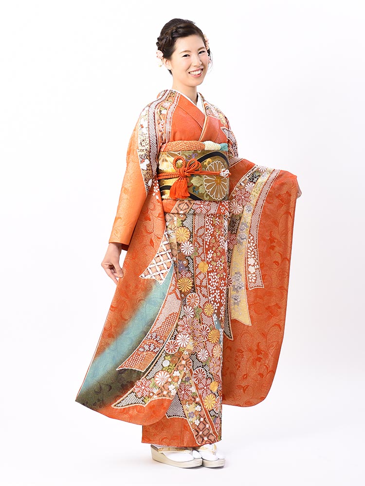 【絞り染めの高級振袖レンタル】関芳謹製・熨斗の柄・Lサイズ 朱・品番SK-18 