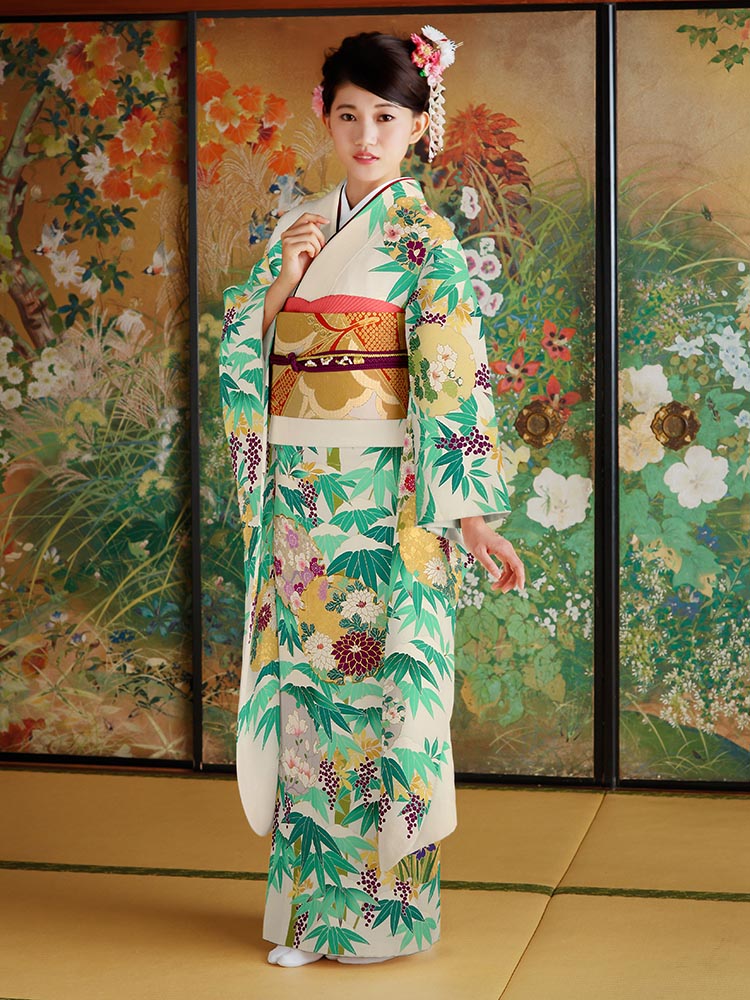 【女優着用の最高級振袖レンタル】笹の柄 Lサイズ 白地・品番SK-19 
