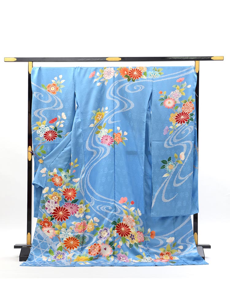 【最高級振袖オーダーレンタル・販売】sk-26 桜と菊 サイズ 【濃い水色の桜菊花・古典柄】最高級京友禅の振袖・購入・オーダーレンタル用