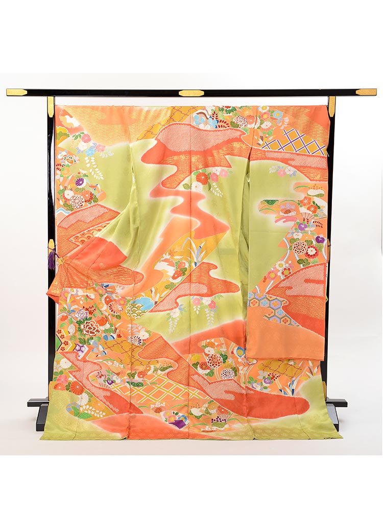 【最高級振袖オーダーレンタル・販売】sk-8 四季の花 サイズ 【オレンジ色の四季花・古典柄】最高級京友禅の振袖・購入・オーダーレンタル用