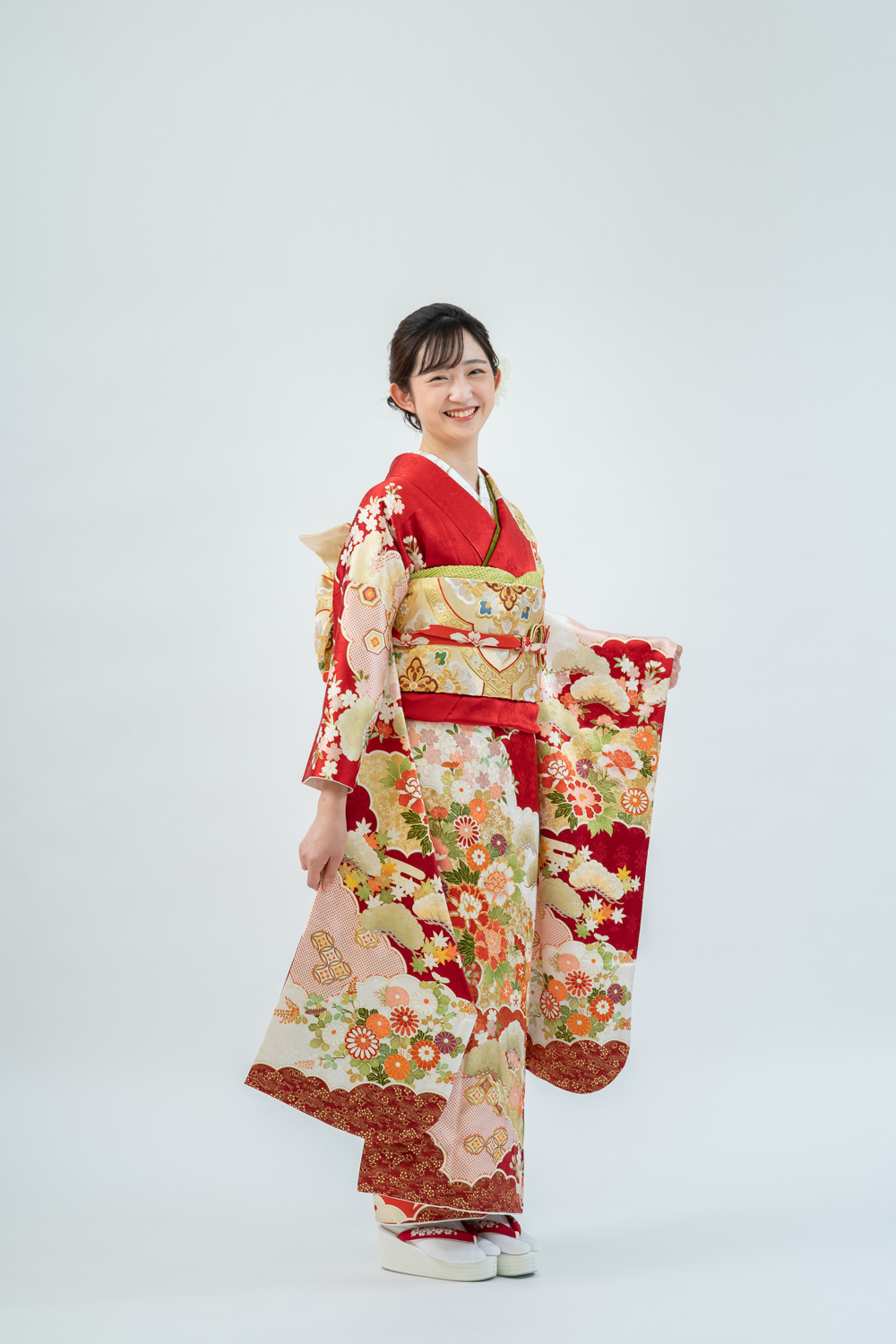 【吉澤織物の高級振袖レンタル】品番yoshi2012-5  Mサイズ 赤色・古典柄