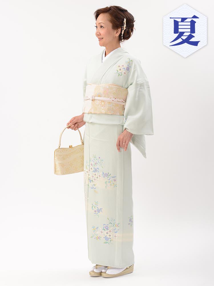【高級・単衣訪問着レンタル】e-22 淡いグリーンの単衣 MSサイズ 小花柄（６月・９月前後に着用する訪問着です。）
