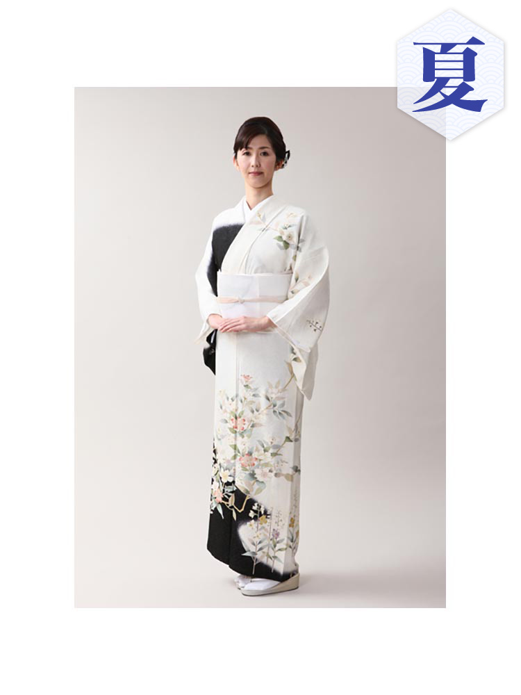 【高級・単衣訪問着レンタル】e-7 クール系　MLサイズ 花々柄（６月・９月前後に着用する訪問着です。）
