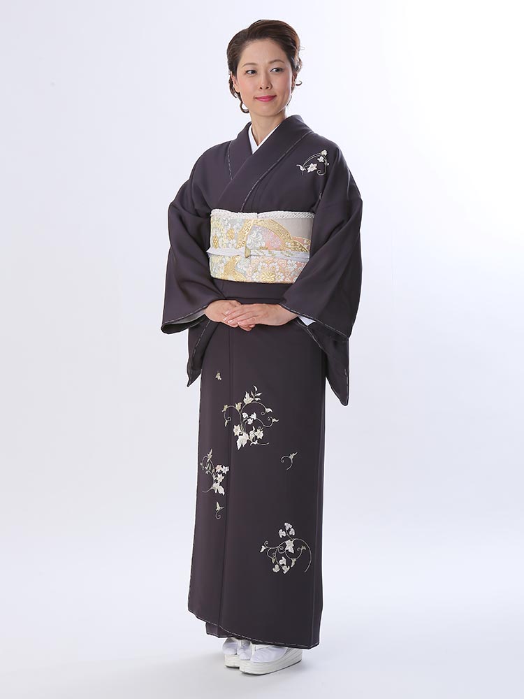 【高級訪問着レンタル】h-415 渋め　刺繍 MLサイズ 草花