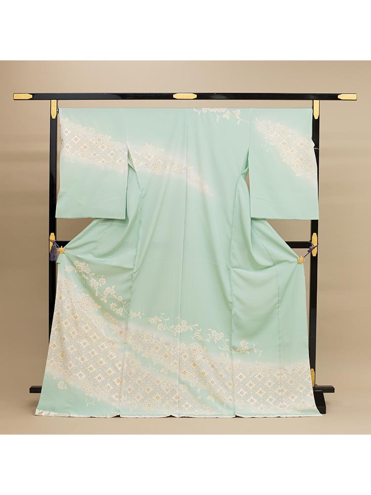 【高級訪問着レンタル】h-436 華紋唐草　グリーン系 MLサイズ 華紋唐草