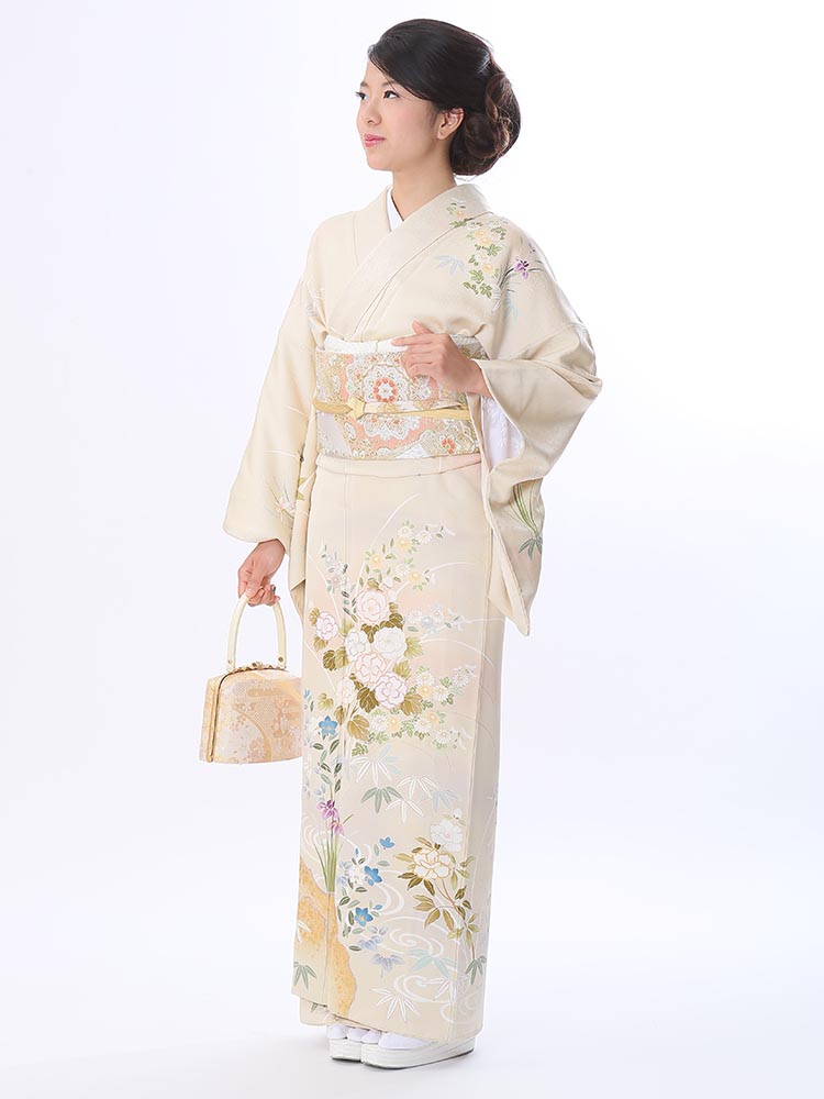 【高級訪問着レンタル】h-62 ベージュ地・花柄 MLサイズ 花々