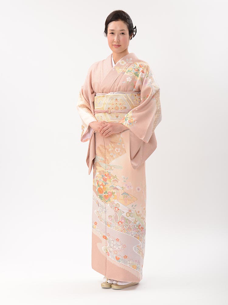 【高級訪問着レンタル】h-83 ピンク系のやわらかい着物 LLサイズ 花々