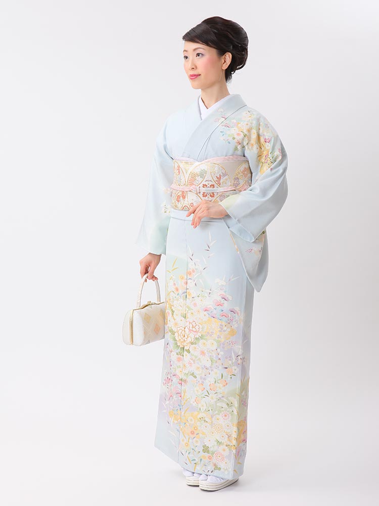 【高級訪問着レンタル】HL-6 吉澤織物　水色 Lサイズ 花々