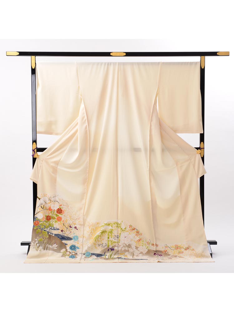 【最高級色留袖レンタル】I-625 成謙謹製　クリーム　四季の花 LLサイズの色留袖フルセットレンタル
