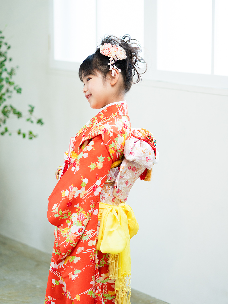 7歳女の子の高級着物レンタル】オレンジ色の可愛い七五三の着物・正絹 
