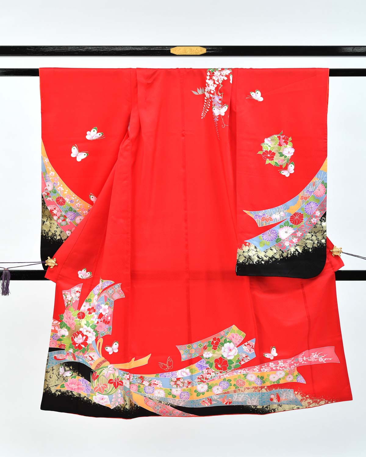 【七五三の7歳着物レンタル】赤に束ね熨斗と花柄　品番：7-210_kimono