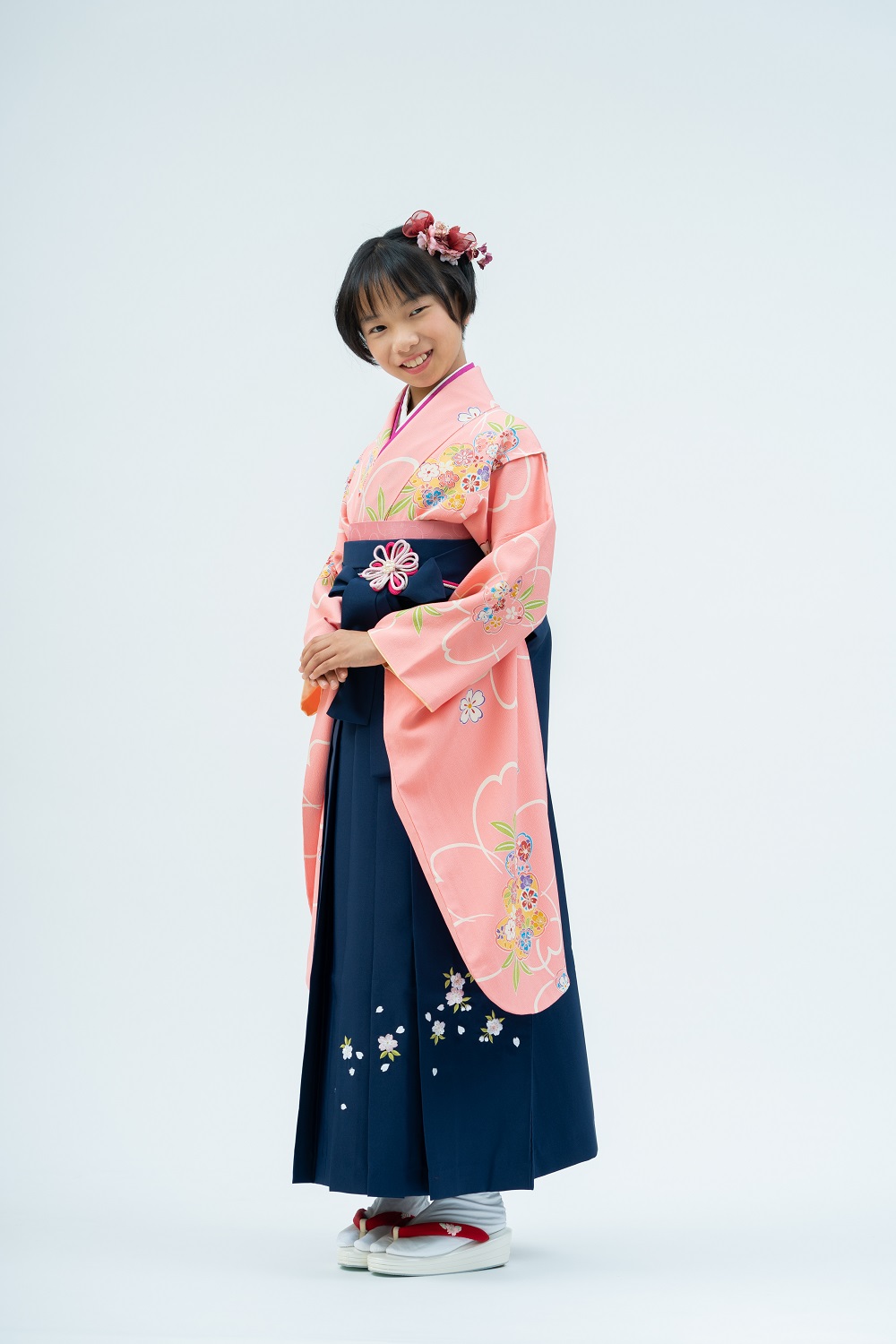 【小学生卒業式袴レンタル】ピンク色　桜柄　正絹（シルク）　二尺袖　（品番：S-1201）(2-69)