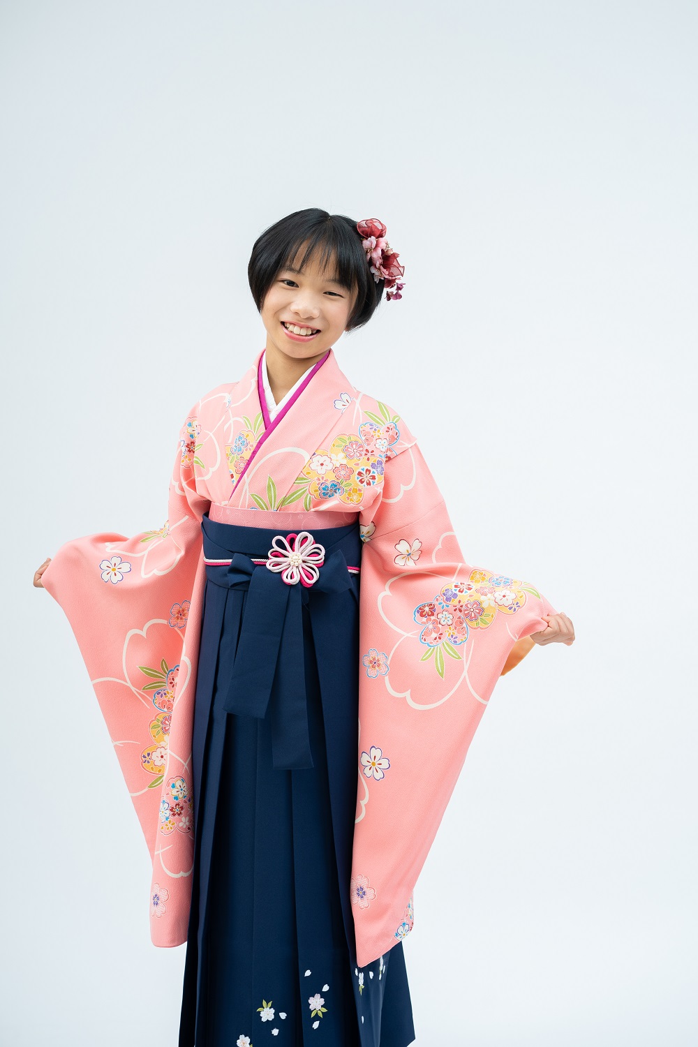 【小学生卒業式袴レンタル】ピンク色 桜柄 正絹（シルク） 二尺袖 