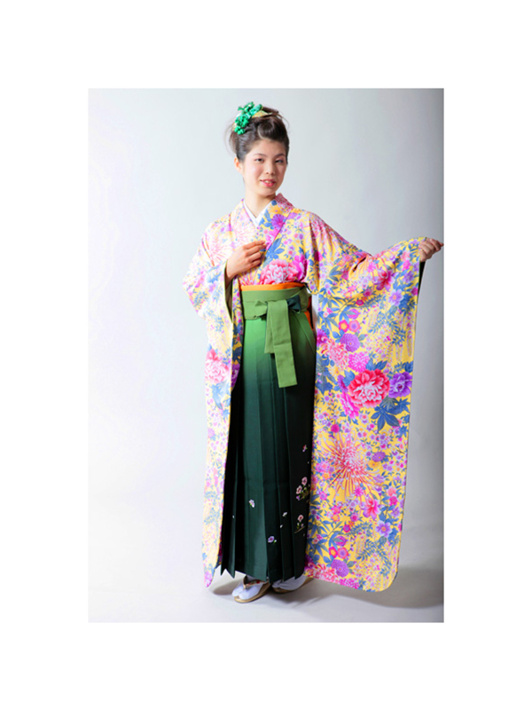 【高級卒業式袴レンタル】FU-3 黄色　花柄 サイズ 花柄