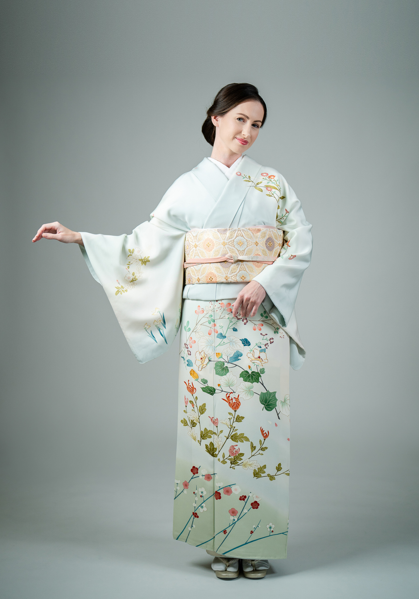 【最高級訪問着レンタル】菱健謹製　水色　四季の花 LLサイズ・品番：h-442
