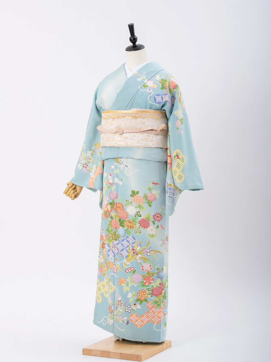 【結婚式・卒業式向けの訪問着レンタル】水色地の京友禅・サイズML・品番：h－４５３