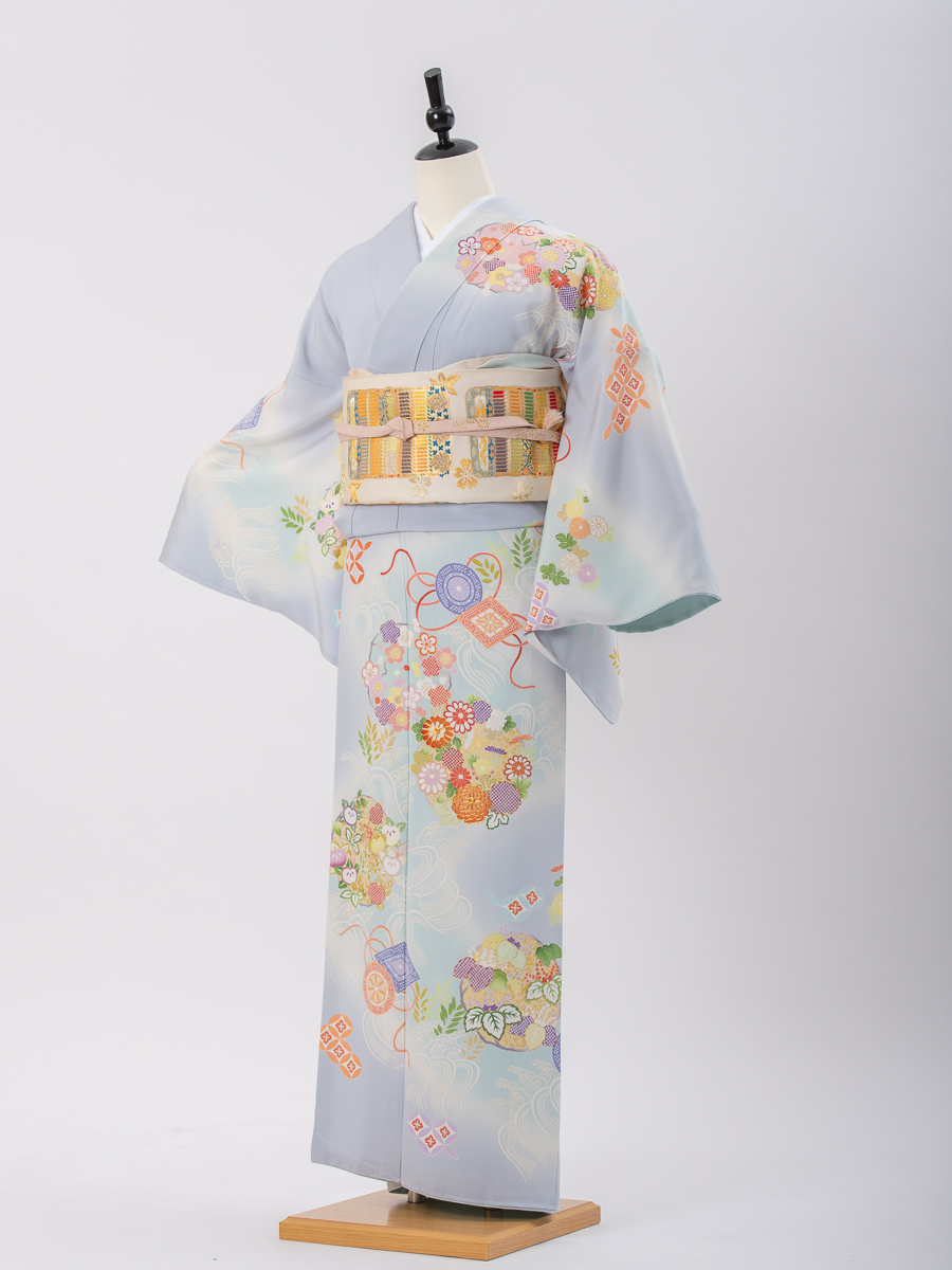 【京友禅の高級訪問着レンタル】花と波の柄・水色地・サイズL・品番：h－４５５