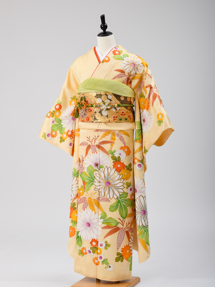 【高級な京友禅振袖レンタル】クリーム系黄色・大胆な花柄・M Lサイズ・品番k-58
