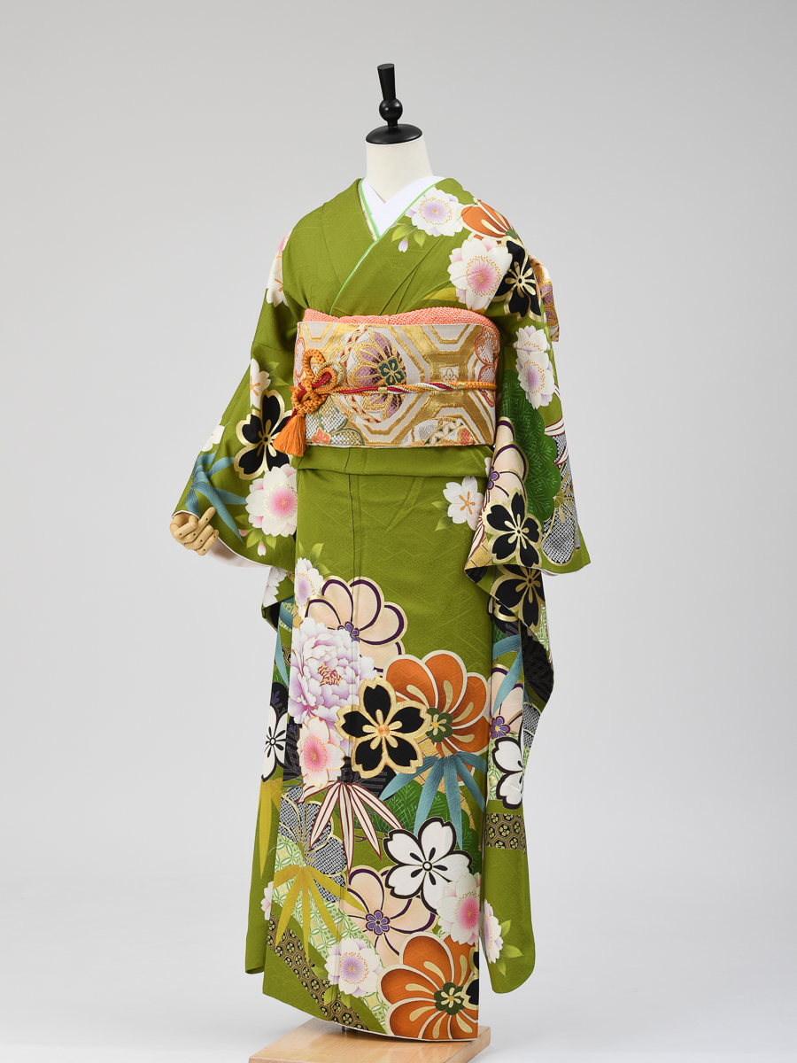 【大島優子モデルの京友禅振袖レンタル】抹茶色・大胆な花柄・LLサイズ・品番k-59
