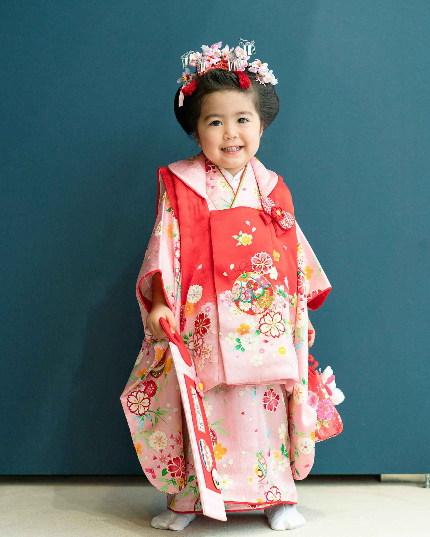 七五三の着物レンタル】 ３歳の女の子用被布セット ピンクと赤 品番