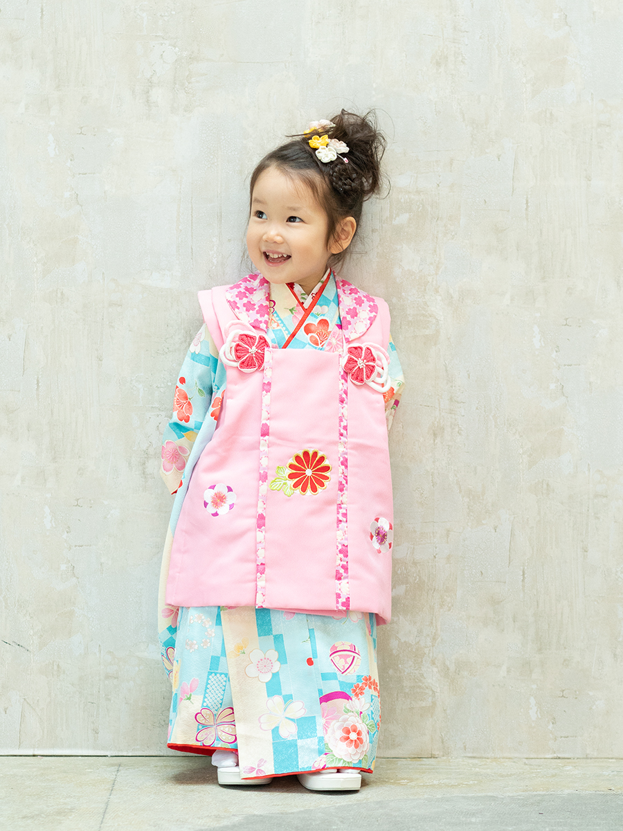 市場 レンタル ピンク無地着物に水色被布 被布セット 女の子 祝着 二部式着物 着物 1歳