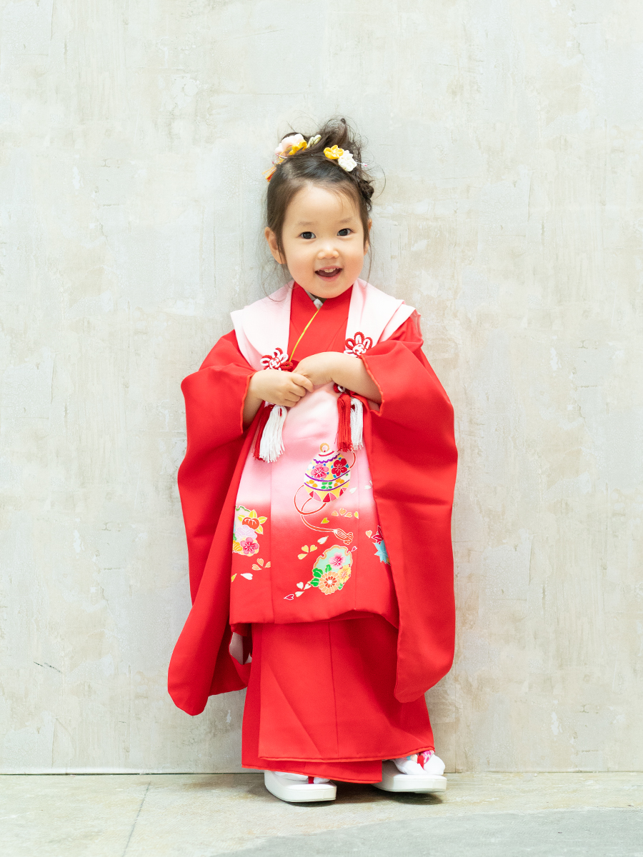 七五三の着物レンタル】 ３歳の女の子用被布セット 赤色 KD-41番
