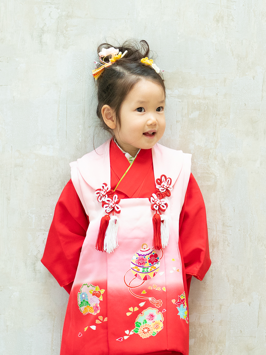 七五三の着物レンタル】 ３歳の女の子用被布セット 赤色 KD-41番