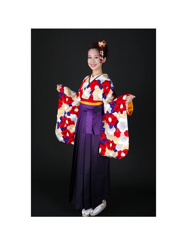 【高級卒業式袴レンタル】okajyu-1 ベージュ地に赤い椿と青の葉 サイズ 椿・梅