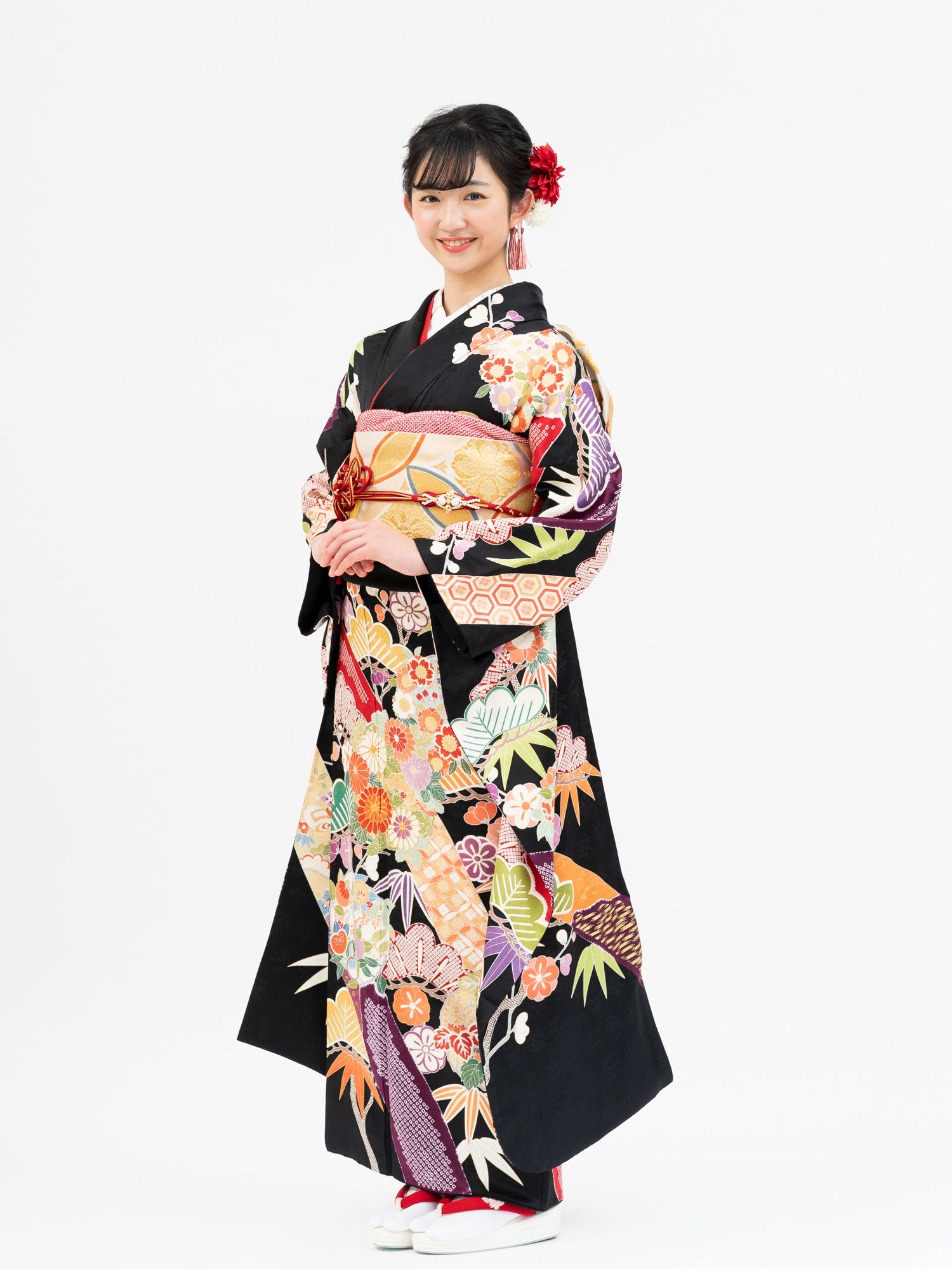【最高級の友禅振袖レンタル・桶絞り】松竹梅柄 LLサイズ 黒地 品番SK-15 