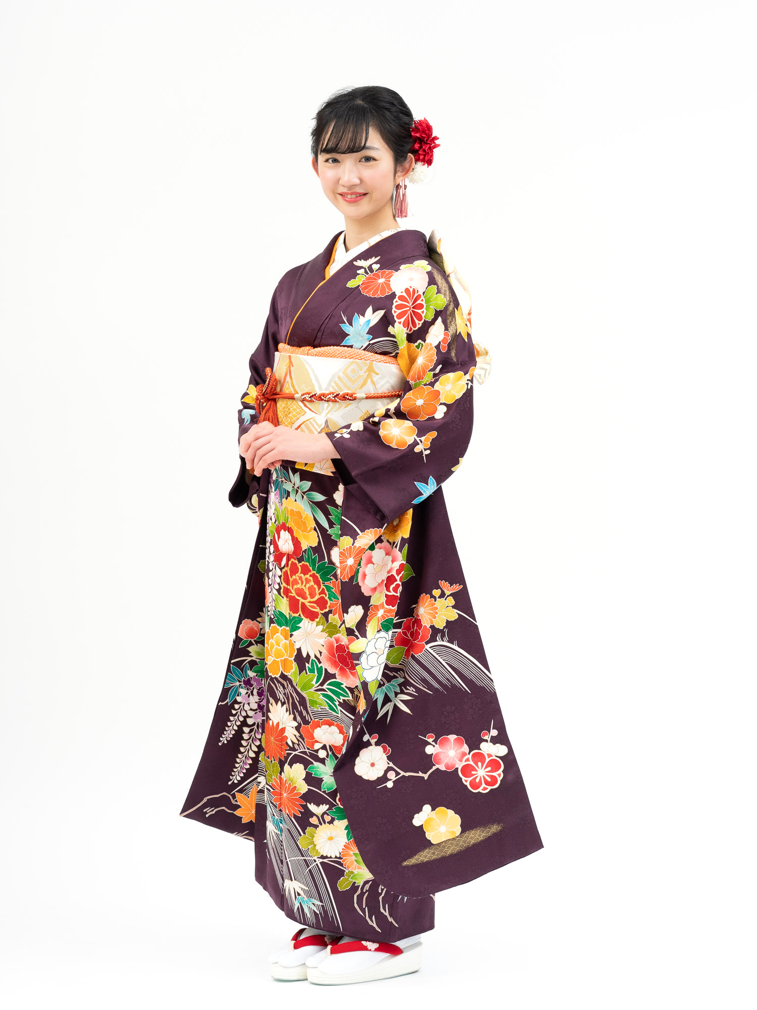 【152cm～158cmの方向け 最高級の京友禅振袖レンタル】古典柄の花尽くし Mサイズ 濃紫色・品番SK-25 