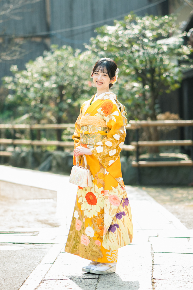 【最高級の京友禅振袖レンタル】山吹色・四季の花・Lサイズ　品番sk-47