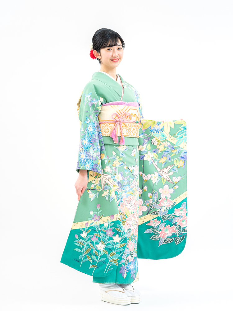 【最高級の本加賀友禅振袖レンタル】緑色・四季の花・サイズ　品番sk-48