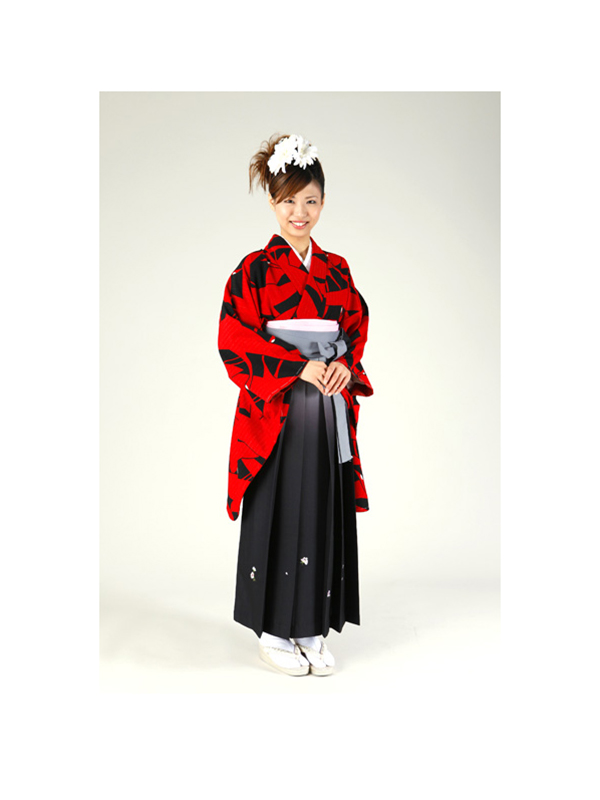 【高級卒業式袴レンタル】w-008 赤と黒の総鶴柄 サイズ 鶴