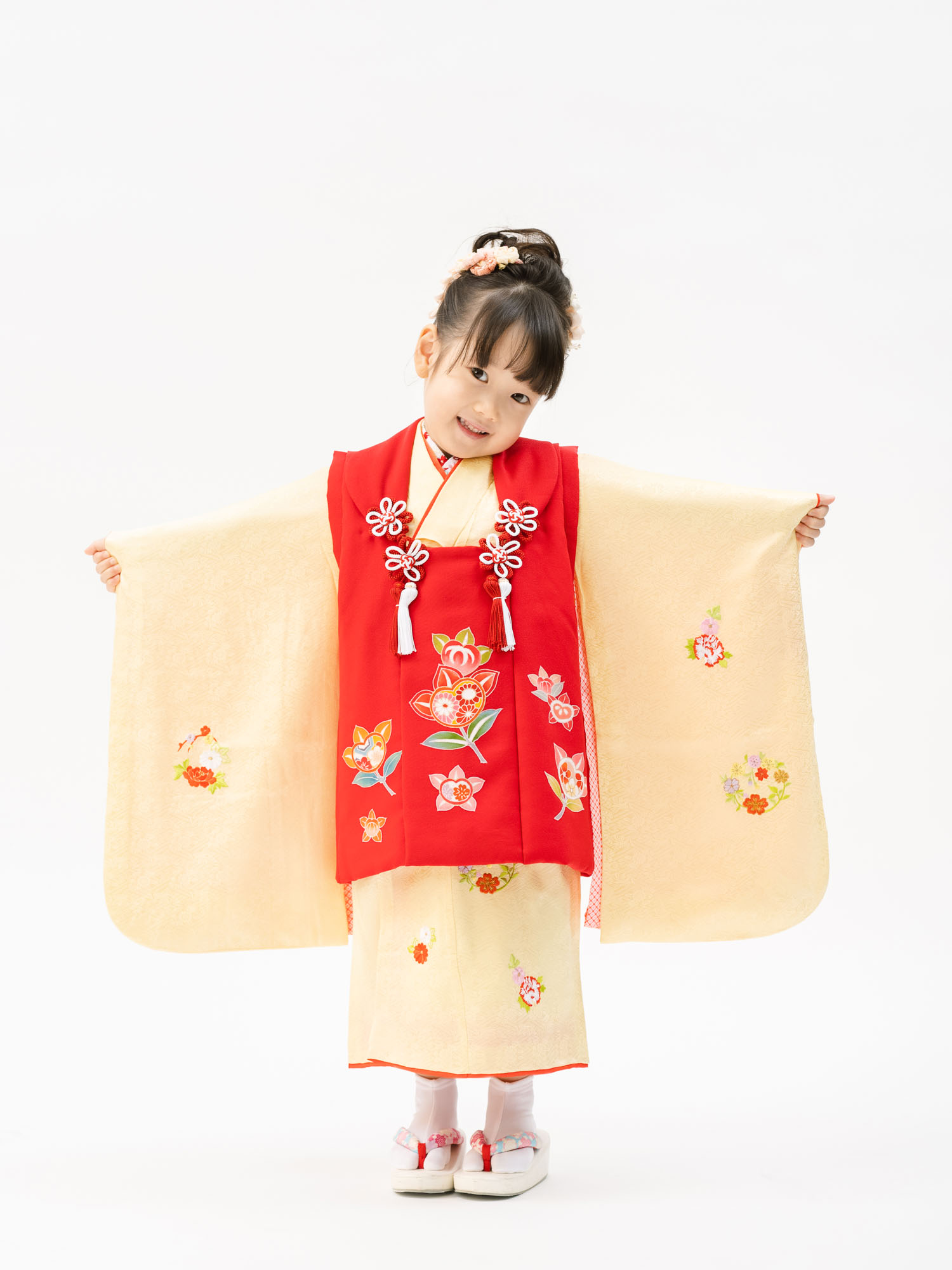 正絹の3歳女の子着物＆被布セットレンタル(黄色と赤色)