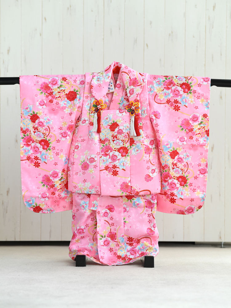 【七五三の着物レンタル】 ３歳の女の子用被布セット　ピンク　花柄 　品番：KD-44
